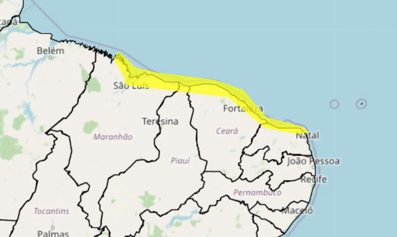 o mapa mostras as áreas em alerta amarelo para ventos costeiros intensos 